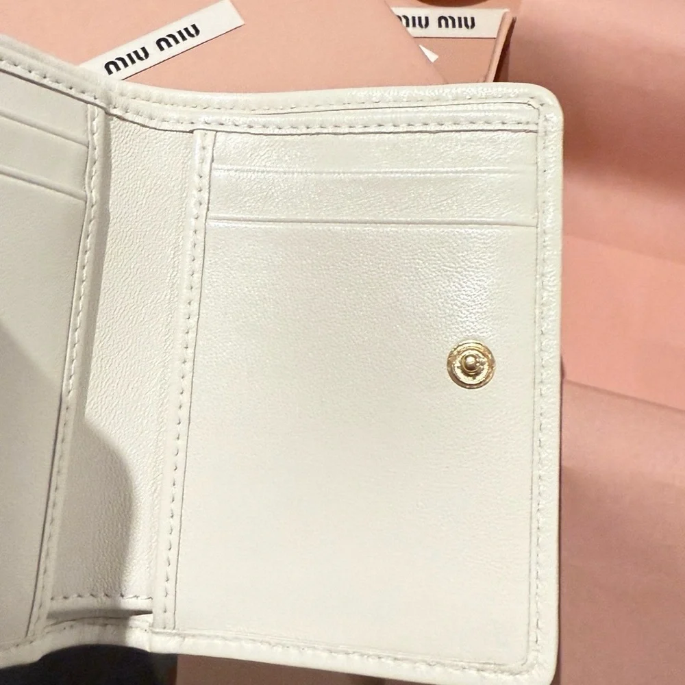 Miu Miu Ivory Matelassé Leather Compact Wallet with Gold Logo